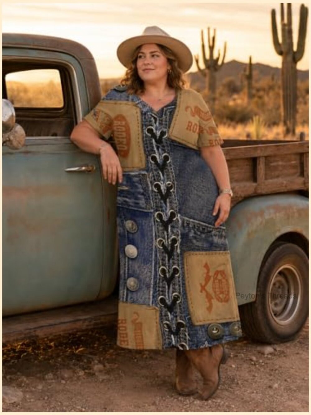 Plus Size Denim Print Maxi Dress V Neck Short Sleeve with Pockets - Picture 7 of 7